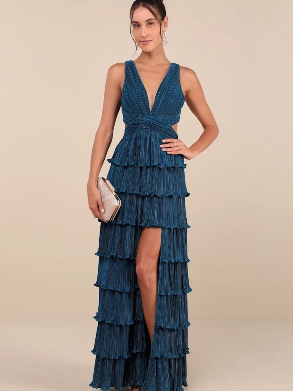 Lulus Beauty Icon Dark Teal Satin Tiered Ruffle Plunge Maxi Dress